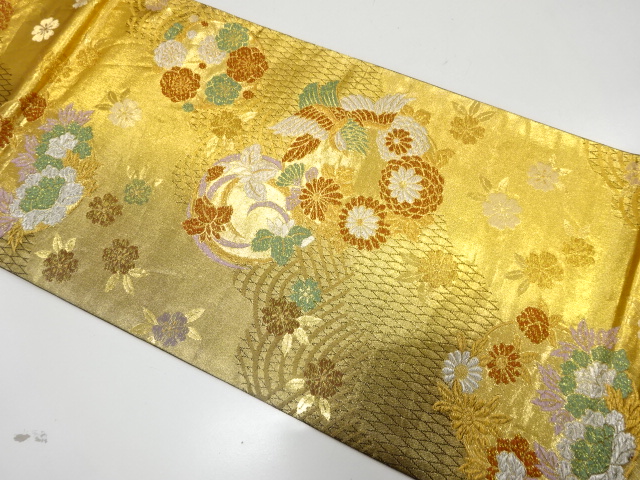 JAPANESE KIMONO / FUKURO OBI FOR FURISODE / SILK / WOVEN MANDARIN DUCKS & FLORAL ROUNDEL & SAKURA
